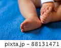 Children's legs on a blue veil close-up 88131471