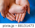 Hands of mother in the form of a heart on children's legs 88131473