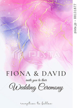 Purple rose and lavender liquid marble background with gold stripes and glitter dust. Pastel pink violet watercolor drawing effect. Vector illustration backdrop with gold splatter for wedding invite 88131877