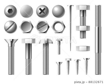 Realistic metal bolts. Steel nuts and screws. Nails or rivets. Round or hexagonal metallic caps. Chrome fixing devices. Repair tools. Hardware collection. Vector fastening elements set Realistic metal bolts. Steel nuts and screws. Nails or rivets. Round or hexagonal metallic caps. Chrome fixing devices. Repair tools. Hardware collection. Vector fastening elements set 88132671