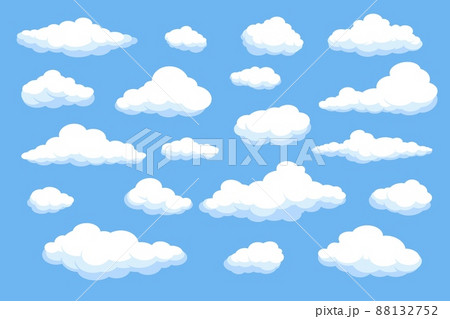 Cartoon fluffy clouds. Cumulus cloudy shapes different sizes. Rounded composite objects on blue sky. Atmospheric phenomena. Heaven evaporation. Vector cloudscape isolated elements set 88132752