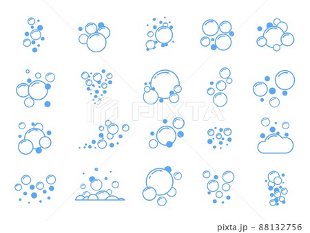 Blue flat bubbles. Outline soap balls. Fizzy soda effect. Simple air icons. Boiling water silhouettes. Shampoo or powder scum. Clean forms. Laundry or bath lather. Vector foam shapes set 88132756