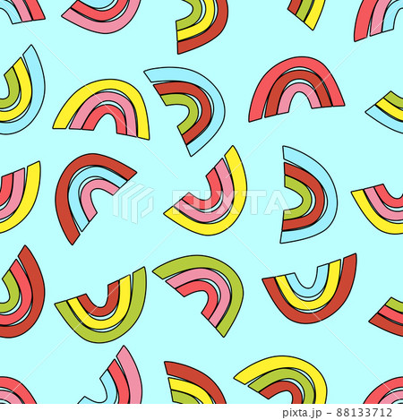 Trendy seamless pattern with colorful rainbow on color background. Design for invitation, poster, card, fabric, textile, fabric. Cute holiday illustration for baby. Scandinavian doodle style 88133712