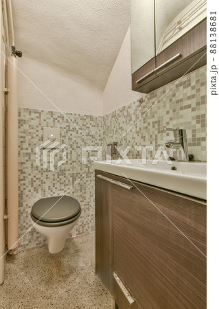 Interior of contemporary bathroom with toilet and sink in minimal style in flat Interior of contemporary bathroom with toilet and sink in minimal style in flat 88138681