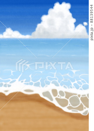 水彩で描いた海と夏空と入道雲 はがきサイズのイラスト素材 [88139544