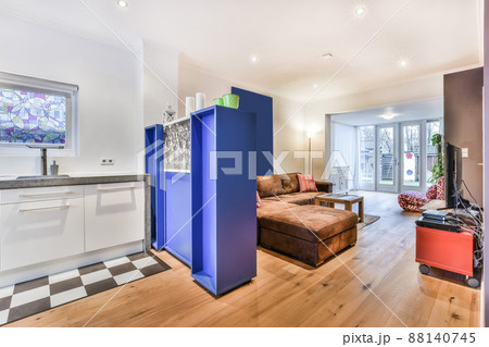 Interior of the apartment with a living room and kitchen separated by a small wardrobe, as well as with access to the courtyard 88140745