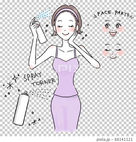 Illustration of a woman with short hair spraying mist lotion 88141121