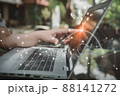 Businesswoman Finger Hand Pointing on Laptop Monitor While Access Information Banking Connecting With Virtual Screen for Money Exchange. Technology Internet Network Connection for Business Financial 88141272