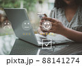 Client User Assessment Satisfaction Feedback Ranking on Smartphone. Evaluation Researching of Business Performance With Trust Score and Quality from Clients. Survey Feedback of Customer Satisfaction. 88141274