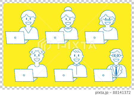Various people operating PCs, male and female, line drawings 88141372