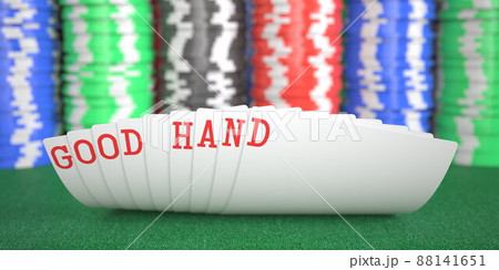 A hand of playing cards with good hand text. 3d rendering A hand of playing cards with good hand text. 3d rendering 88141651