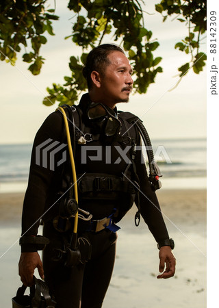 diver rescue in wetsuit equipment for scuba diving. diver rescue in wetsuit equipment for scuba diving. 88142309