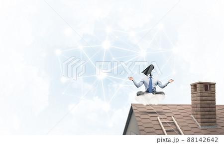 Concept of security and privacy protection with camera headed man meditating 88142642