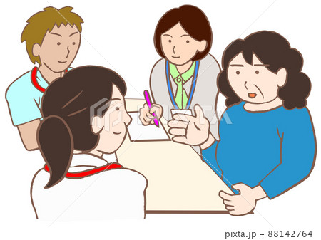 退院支援カンファレンス　統合失調症の女性と精神科医と看護師と精神保健福祉士のイラスト 88142764