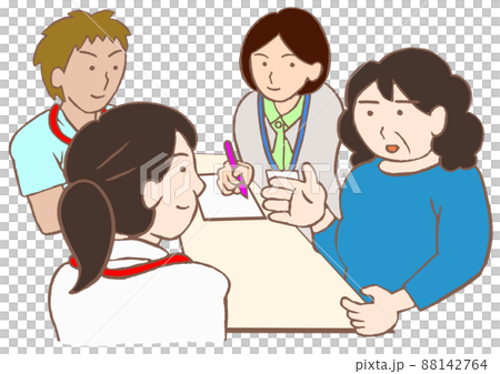 退院支援カンファレンス　統合失調症の女性と精神科医と看護師と精神保健福祉士のイラスト 88142764