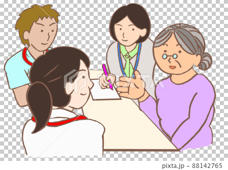 カンファレンス　認知症の女性と精神科医と看護師と精神保健福祉士のイラスト 88142765
