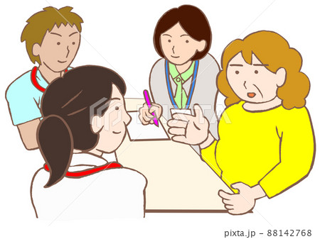 退院支援カンファレンス　双極性障害の女性と精神科医と看護師と精神保健福祉士のイラスト 88142768