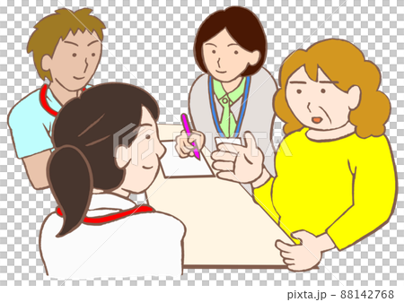 退院支援カンファレンス　双極性障害の女性と精神科医と看護師と精神保健福祉士のイラスト 88142768