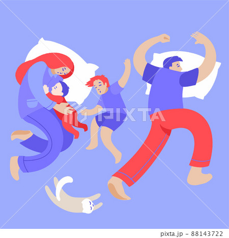 Family sleep together, mother and father with kids. 88143722