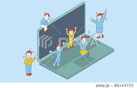 ノートパソコンの周りで喜ぶ学生たちのイラスト オンラインでの合格発表し喜ぶ中学生・高校生 ノートパソコンの周りで喜ぶ学生たちのイラスト オンラインでの合格発表し喜ぶ中学生・高校生 88143733