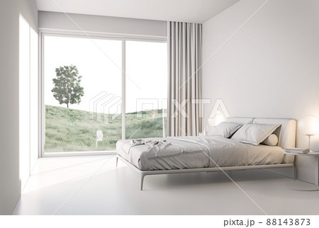 Minimal style white bedroom with meadow view 3d render 88143873