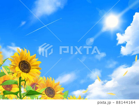 雲のある青空に輝く太陽の下美しいひまわりが咲く爽やか初夏フレーム背景素材のイラスト素材