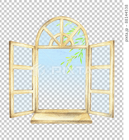 ◇金色の窓辺◇手描きイラスト ◇金色の窓辺◇手描きイラスト （洋風の窓から見える緑と青空