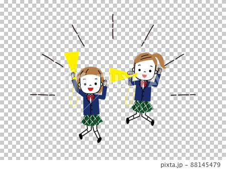 兩名女學生拿著擴音器歡快歡呼 88145479