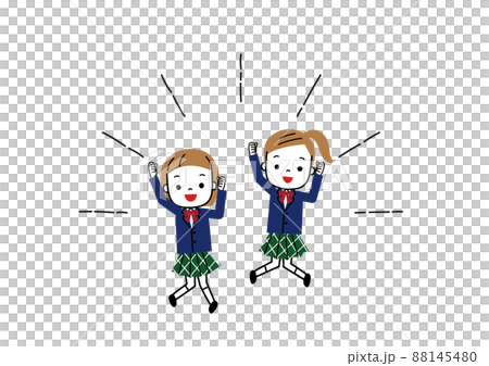 Two female students in uniforms jumping energetically Two female students in uniforms jumping energetically 88145480