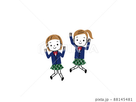 ガッツポーズでジャンプしているふたりの女子学生のイラスト素材