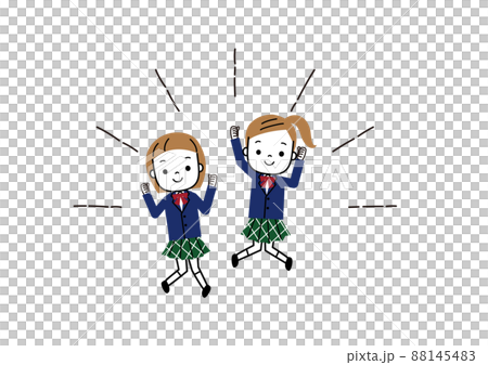 Two female students in uniforms jumping while doing a guts pose Two female students in uniforms jumping while doing a guts pose 88145483