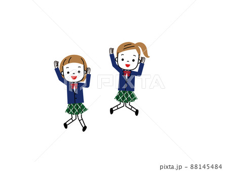 制服姿でガッツポーズしながらジャンプしているふたりの女子学生のイラスト素材