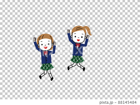 制服姿でガッツポーズしながらジャンプしているふたりの女子学生 制服姿でガッツポーズしながらジャンプしているふたりの女子学生 88145484
