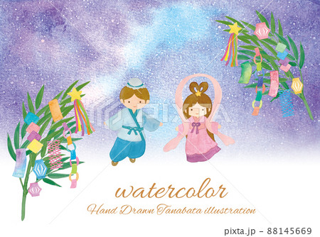 ふんわり可愛い水彩手書きの七夕のイラストのイラスト素材