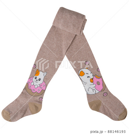 brown children's tights with a cute puppy and kitten pattern, half folded, on a white background 88146193