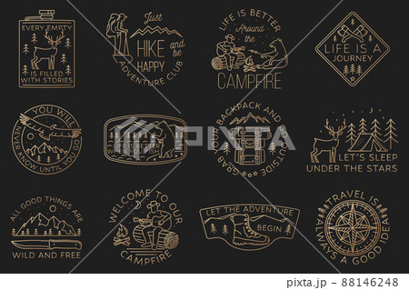 Set of camping badges, patches. Vector. Concept for shirt or logo, print, stamp or tee. Vintage line art design with camper tent, hiker, fishing bear, bear, man with guitar,and mountain. Set of camping badges, patches. Vector. Concept for shirt or logo, print, stamp or tee. Vintage line art design with camper tent, hiker, fishing bear, bear, man with guitar,and mountain. 88146248
