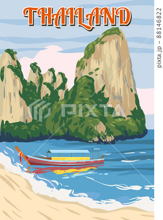 Thailand tropical resort poster vintage. Travel holiday summer. Exotic beach coast, boat, palms, ocean. Retro style illustration vector isolated 88146822