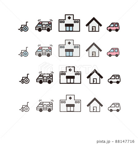 家や病院車救急車車椅子のイラスト素材セットのイラスト素材