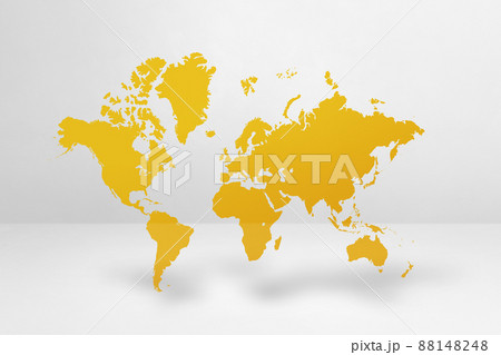 Yellow world map on white wall background. 3D illustration Yellow world map on white wall background. 3D illustration 88148248