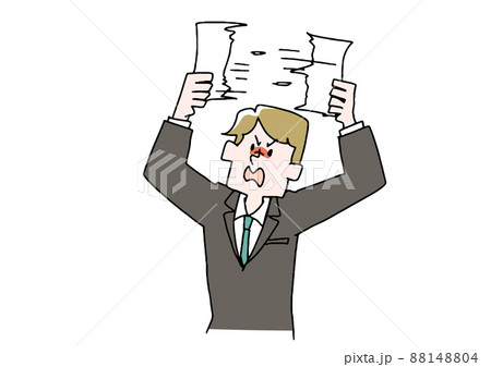 紙を破り捨てているビジネスマン　コミカルな手書きの人物　ベクター、線画にカラー 88148804