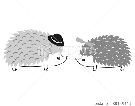 帽子とリボンをつけた向かい合うハリネズミ 白黒のイラスト素材