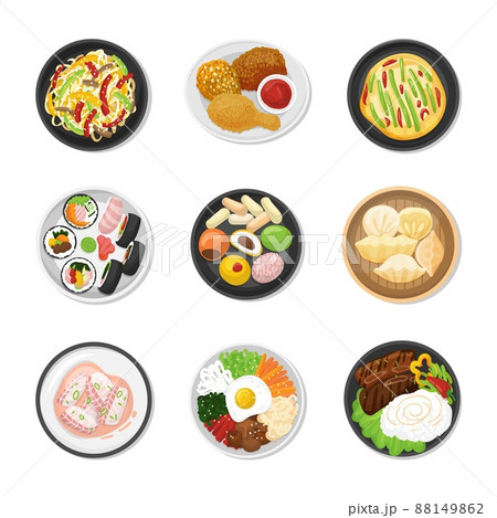 Korean dishes top view. Chinese traditional food, soup and dumpling. Asian meal with rice and vegetables, fried chicken and seafood. Dinner vector neoteric set 88149862