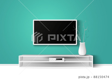 Vector 3d illustration of LED TV stand on a wooden table. House living room modern interior design. Copy space template. Vector 3d illustration of LED TV stand on a wooden table. House living room modern interior design. Copy space template. 88150474