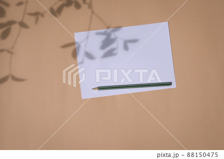 Blank greeting card with foliage shadow, on beige tabletop. Blank greeting card with foliage shadow, on beige tabletop. 88150475
