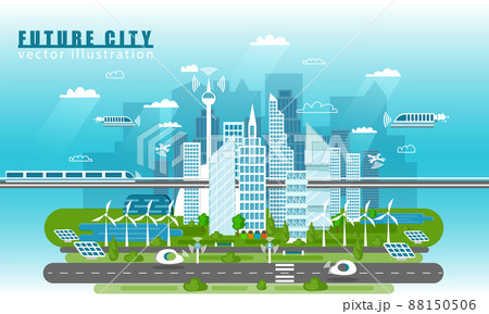 Smart city landscape of the future vector concept illustration in flat style. City urban skyline with modern technologies and self-driving cars. Future infrastructure and transportation. 88150506