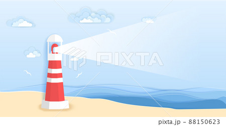 Lighthouse on sea beach in paper art style. Vector illustration origami paper cut design. Lighthouse beam with copy space. Lighthouse on sea beach in paper art style. Vector illustration origami paper cut design. Lighthouse beam with copy space. 88150623