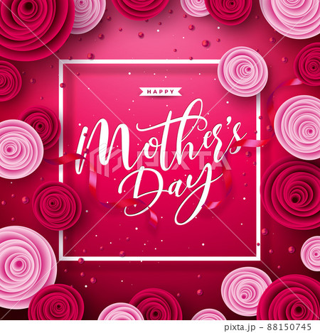 Happy Mother's Day Greeting Card Design with Rose Flower and Typography Letter on Red Background. Vector Mothers Day Illustration Template for Banner, Flyer, Invitation, Brochure, Poster. 88150745