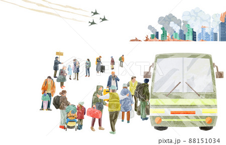 バスに並ぶ避難する人たち手描き水彩風イラストのイラスト素材