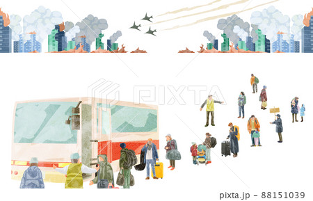 バスに並ぶ避難する人たち手描き水彩風イラストのイラスト素材