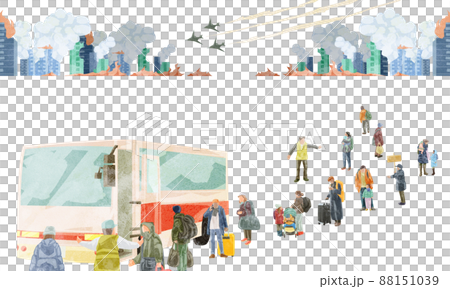 撤離人員在巴士上排隊的手繪水彩風格插圖 88151039